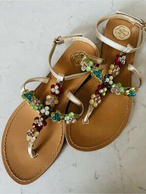 GUESS Rhinestone-Embellished T-Strap Flat Sandals (Size 7.5)